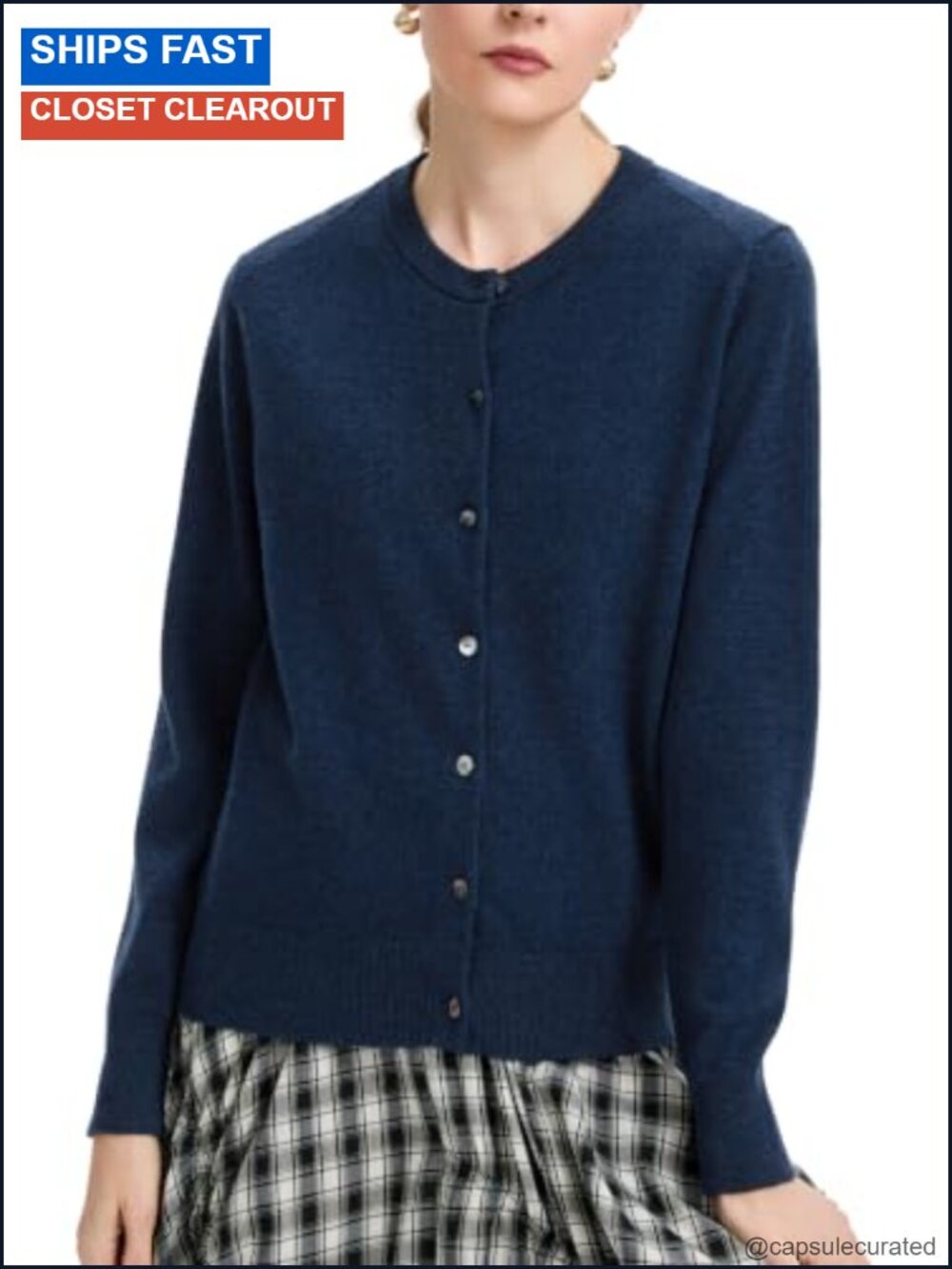Women's Merino Wool Cardigan Sweater with Shell Buttons - Crew Neck Knit Top